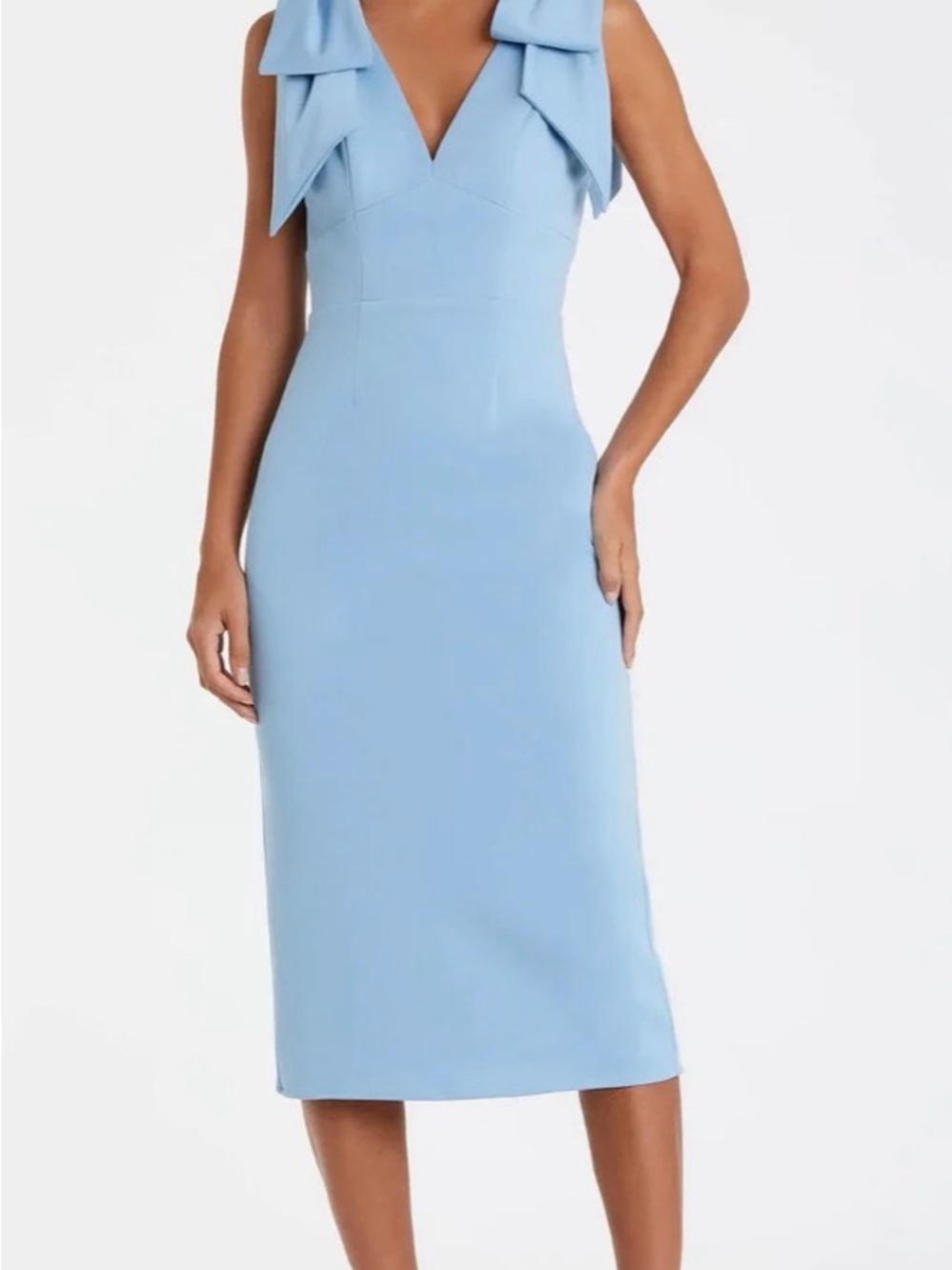 Mac Duggal Light Blue V-Neck Midi Dress with Statement Shoulders